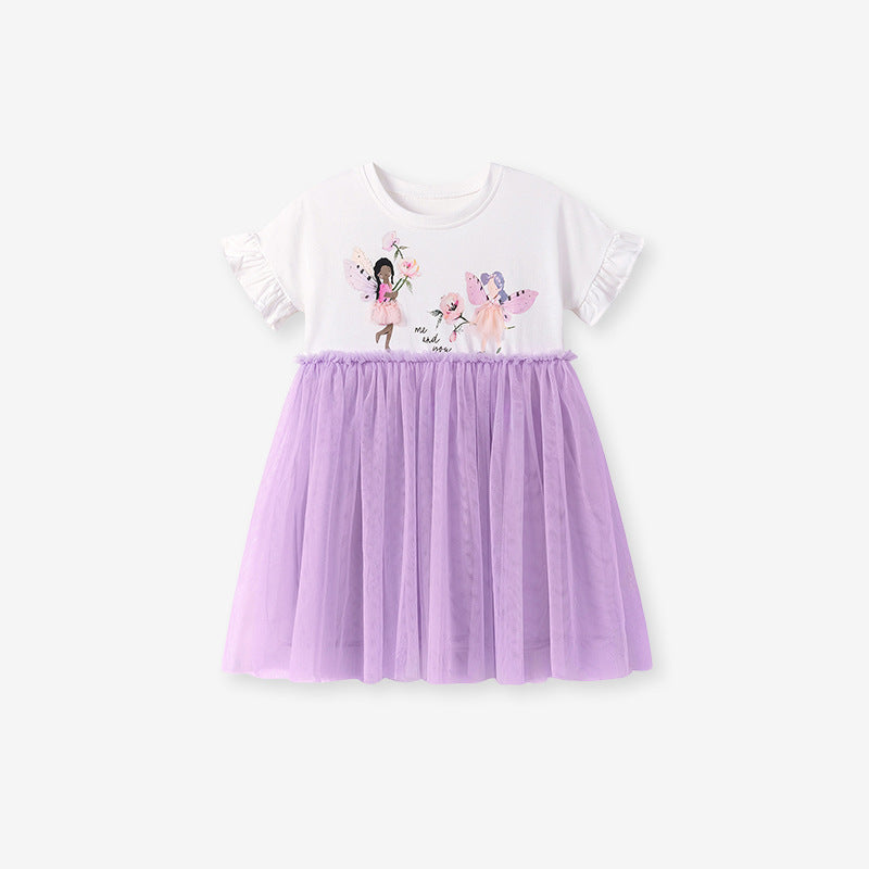 Summer Arrival Baby Girls Cute Cartoon Pattern Short Sleeves Tulle Patchwork Dress