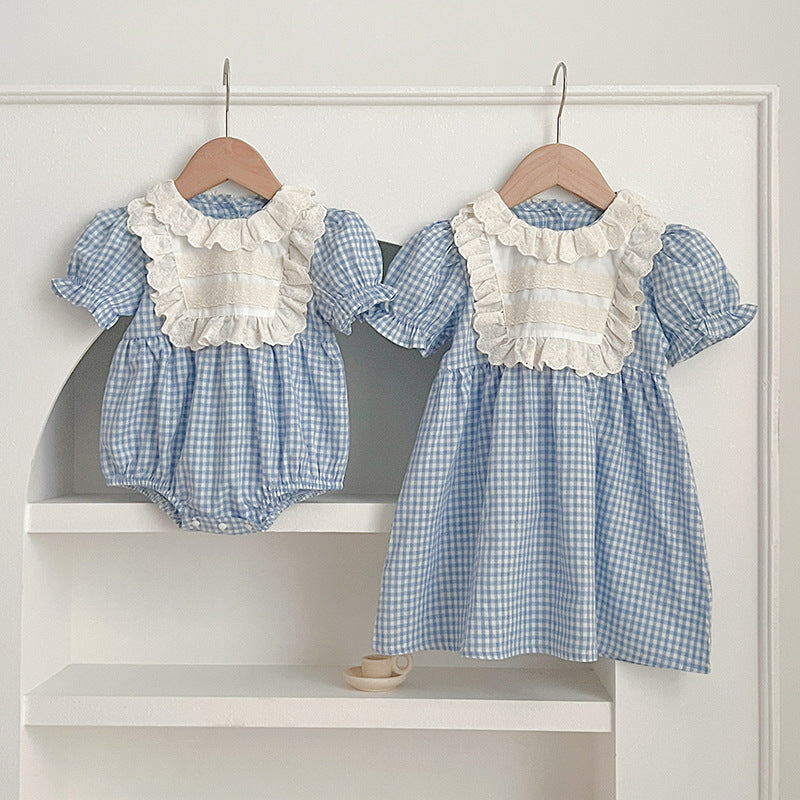 Arrival Summer Girls Blue Plaid Noble Crew Neck Short Sleeves Onesies And Dress – Princess Sister Matching Set, MyKids-USA®, Baby & Toddler Outfits, MyKids-USA - - - - - - -