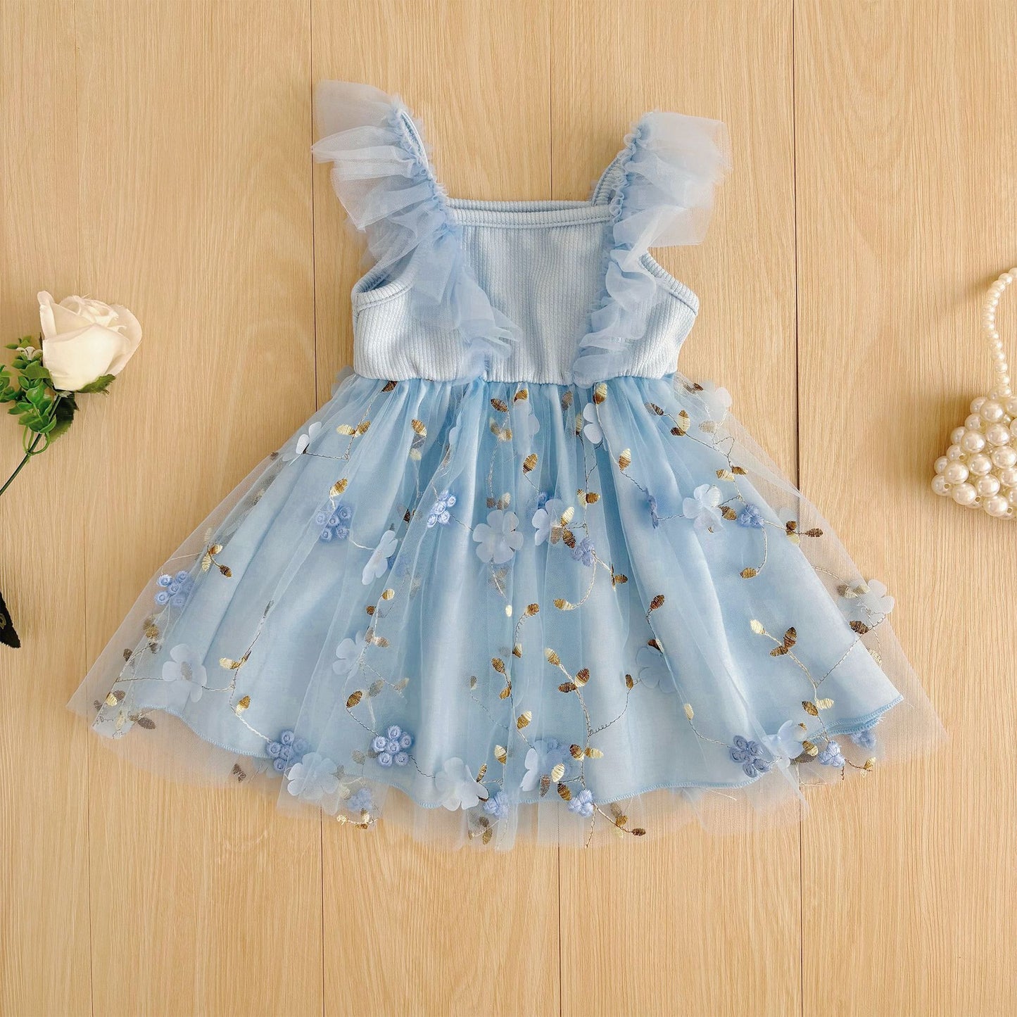 Summer Hot Selling Kids Girls Cute Blue Sleeveless Floral Tulle Dress, MyKids-USA®, Baby & Toddler Dresses, MyKids-USA - - - - - - -