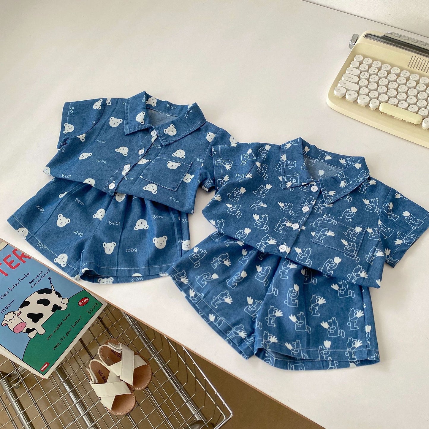 Summer Baby Kids Boys Abstract Cartoon Pattern Denim Turn-Down Collar Shirt And Shorts Clothing Set, MyKids-USA®, Baby & Toddler Outfits, MyKids-USA - - - - - - -