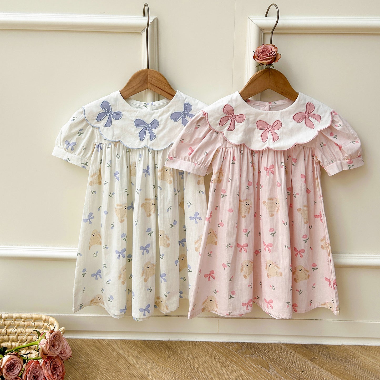 Summer Baby Kids Girls Short Sleeves Floral Teddy Print Embroidery Collar Princess Dress, MyKids-USA®, Baby & Toddler Dresses, MyKids-USA - - - - - - -