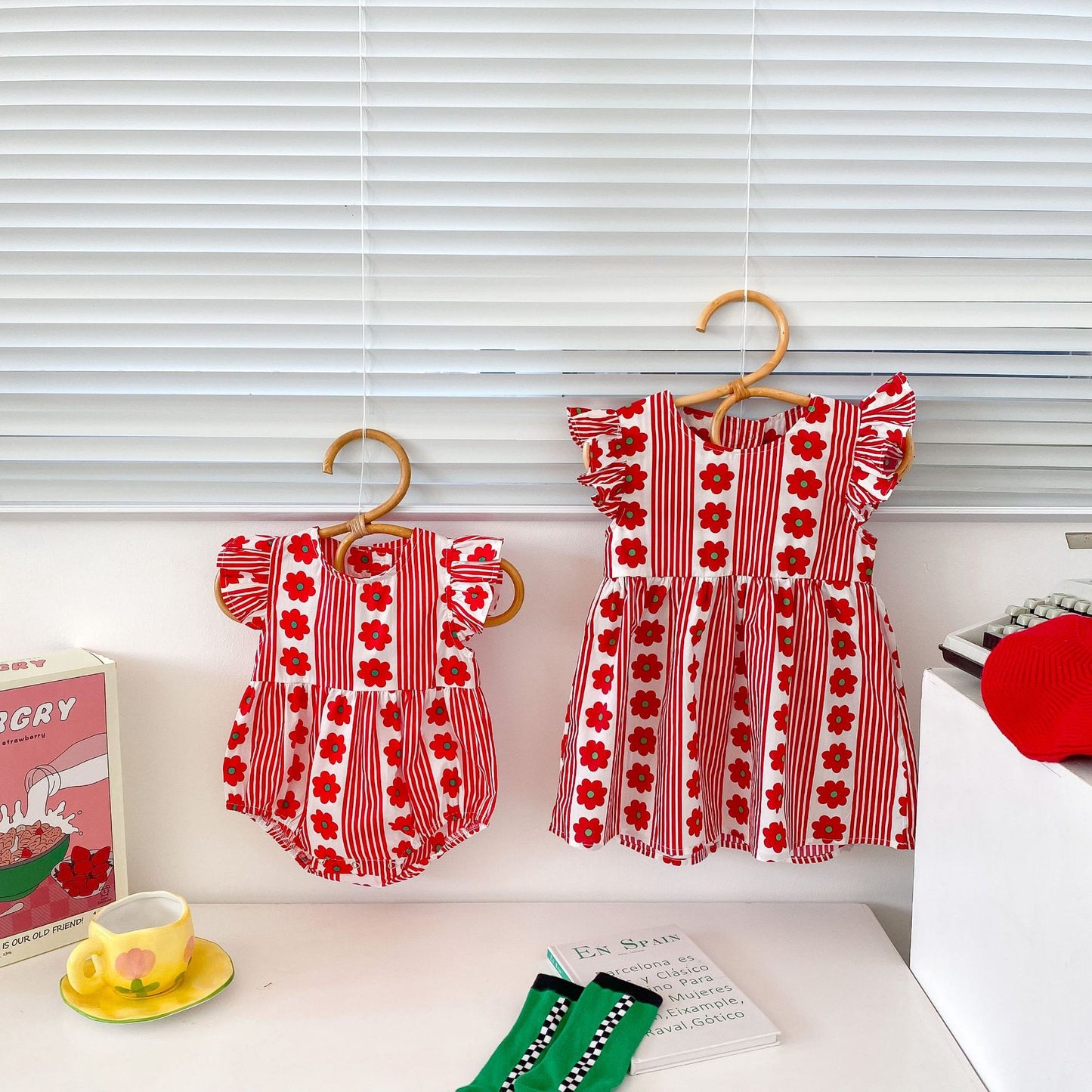 Design Summer Girls Flowers And Striped Pattern Fly Sleeves Onesies And Dress – Sister Matching Clothing Set, MyKids-USA®, Baby & Toddler Outfits, MyKids-USA - - - - - - -