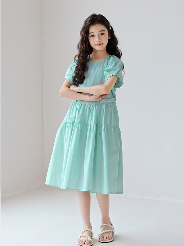 Hot Selling Summer Kids Girls Simple Style Solid Color Plain Cotton Short Sleeves Green Dress, MyKids-USA®, Baby & Toddler Dresses, MyKids-USA - - - - - - -
