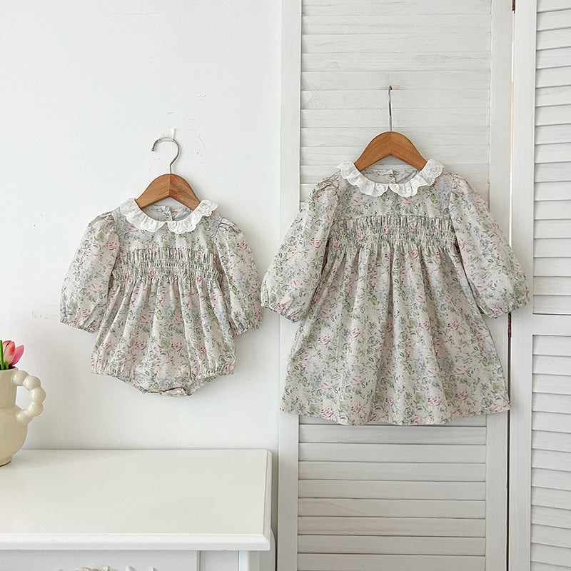 Arrival Autumn Baby Kids Girls Long Sleeves Light Green Floral French Collar Onesies and Dress – Princess Sister Matching Set, MyKids-USA®, Baby & Toddler Outfits, MyKids-USA - - - - - - -
