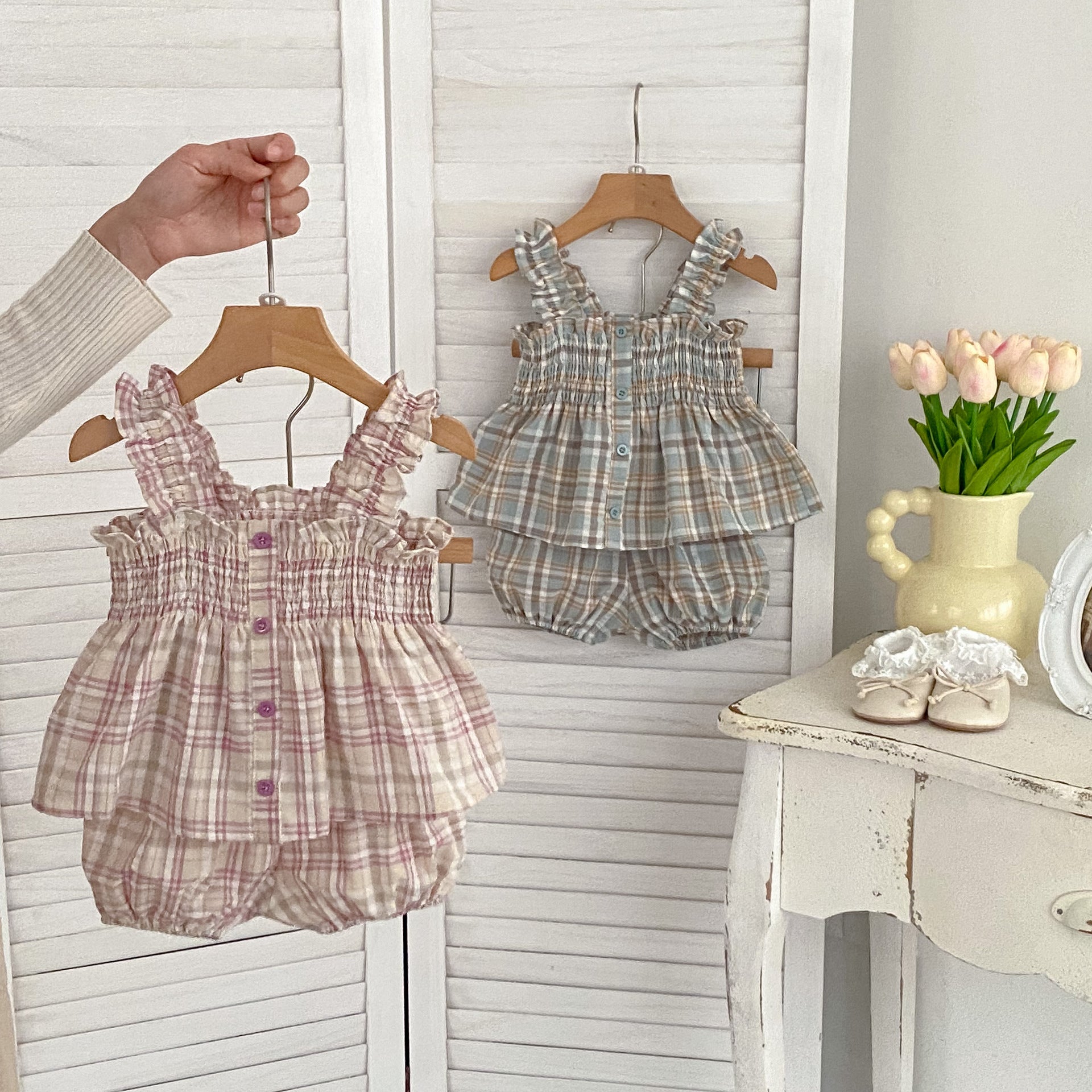 Summer Baby Kids Girls Plaid Sleeveless Strap Single Breasted Top And Shorts Casual Clothing Set 100 (2-3Y) / Blue