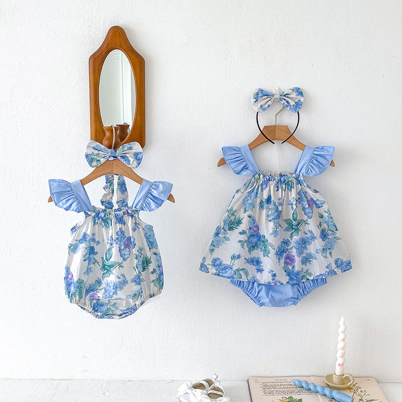 Summer Girls Flowers Pattern Sleeveless Strap Onesies And Clothing Set – Sister Matching Clothing Set, MyKids-USA®, Baby One-Pieces, MyKids-USA - - - - - - -