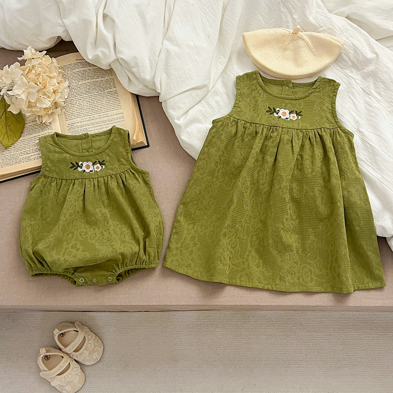 Summer Baby Girls Sleeveless Floral Embroidered Pattern Simple Dress And Onesie – Princess Sister Matching Set, MyKids-USA®, Baby & Toddler Outfits, MyKids-USA - - - - - - -