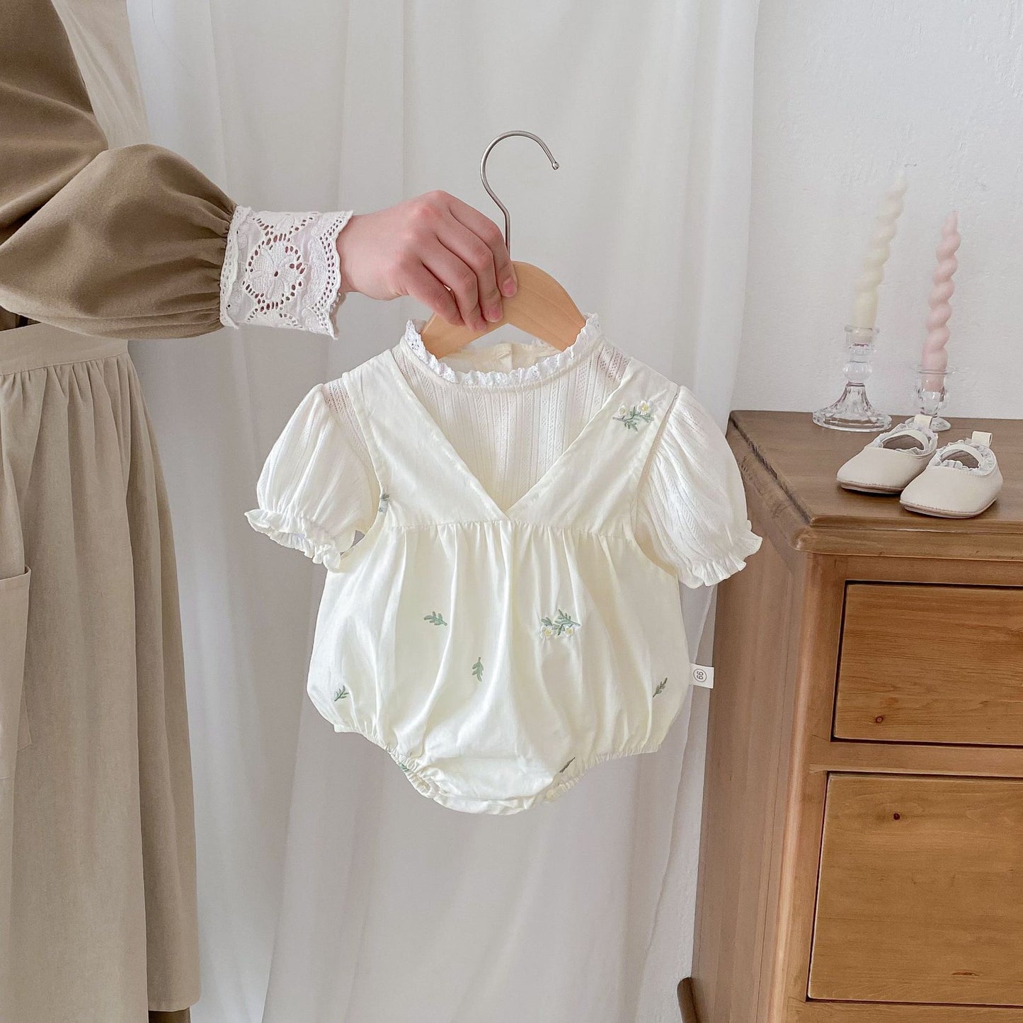 Arrival Summer Baby Kids Girls Solid Color Striped Pattern Short Sleeves Ruffle Neck Top Shirt And Thin Floral Embroidery Strap Onesies – Baby Girls Matching Clothing Set, MyKids-USA®, Baby One-Pieces, MyKids-USA - - - - - - -