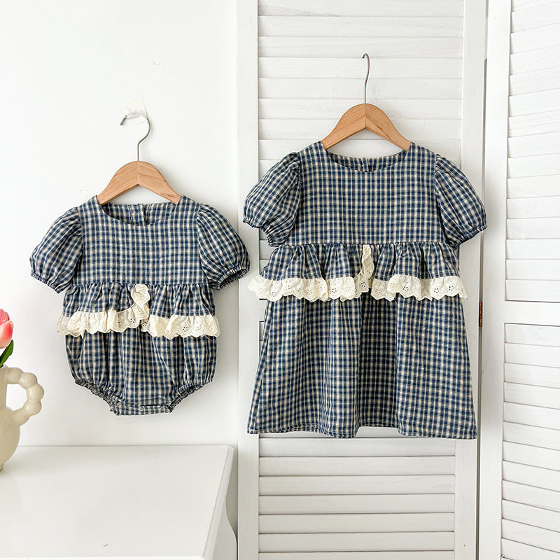 Design Summer Baby Kids Girls Plaid Short Sleeves Crew Neck Onesies And Girls’ Dress – Princess Sister Matching Set, MyKids-USA®, Baby & Toddler Outfits, MyKids-USA - - - - - - -