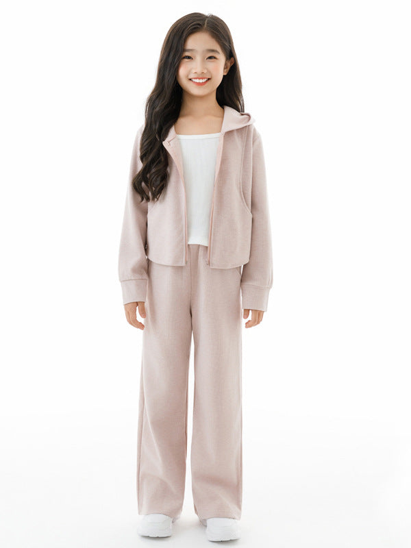 Arrival Autumn Kids Girls White Top, Long Sleeves Solid Color Zip-up Hooded Coat and Simple Pants Clothing Set