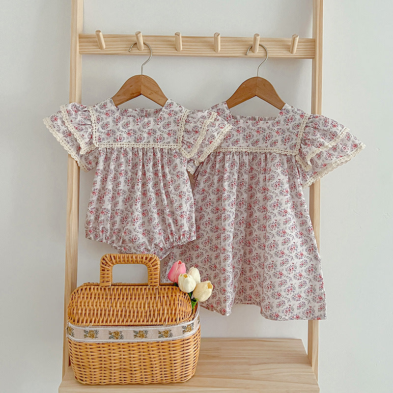 Summer Baby Girls Short Sleeves Square Neck Floral Pattern Dress And Onesie – Princess Sister Matching Set, MyKids-USA®, Baby & Toddler Outfits, MyKids-USA - - - - - - -