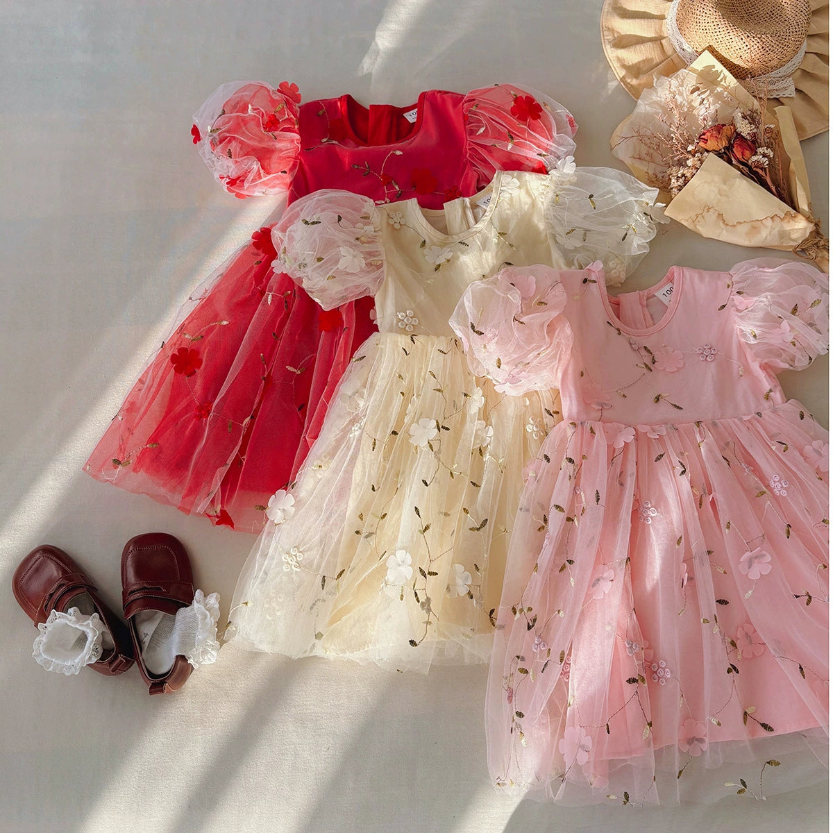 Summer Arrival Flowers Pattern Short Sleeves Tulle Dress for Stylish Girls, MyKids-USA®, Baby & Toddler Dresses, MyKids-USA - - - - - - -