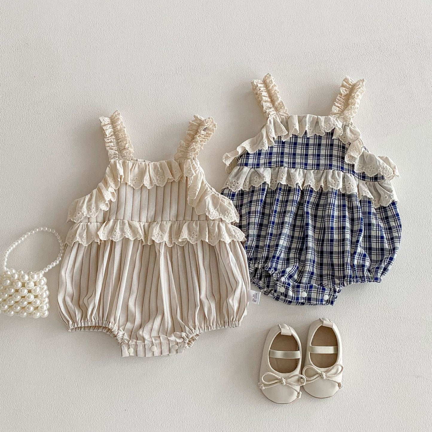 Summer Arrival Baby Girls Sleeveless Striped or Plaid Pattern Lace Trim Strap Bodysuit, MyKids-USA®, Bodysuits, MyKids-USA® - - - - - - - .