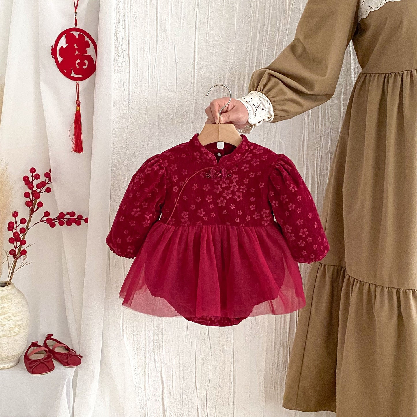 Winter Arrival Baby Girls Cute Floral Embroidered Red Long Sleeves Tulle Onesies, MyKids-USA®, Baby One-Pieces, MyKids-USA - - - - - - -