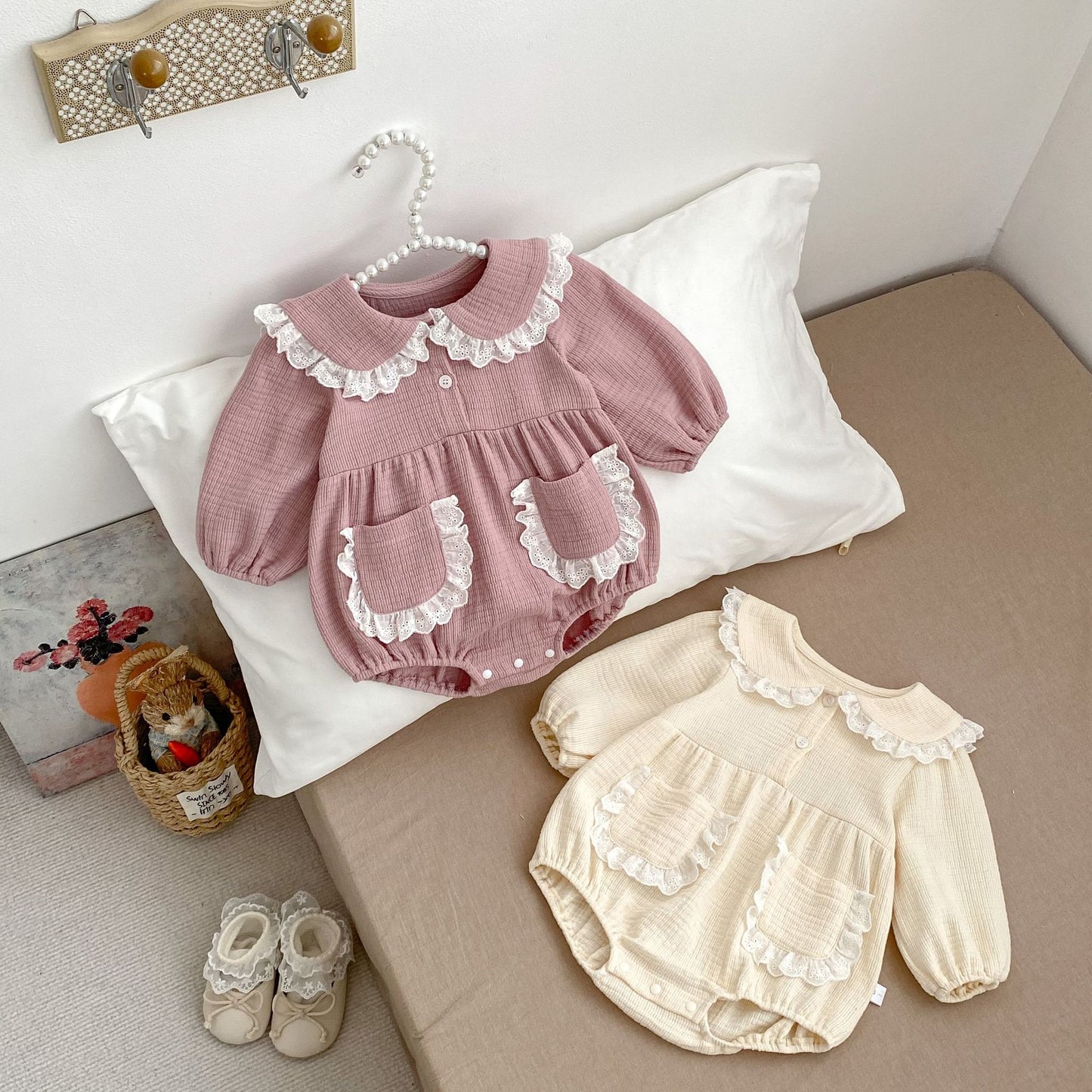 Spring Arrival Baby Girls Long Sleeves Peter Pan Collar Pocketed Bodysuits Onesies, MyKids-USA®, Baby One-Pieces, MyKids-USA - - - - - - -