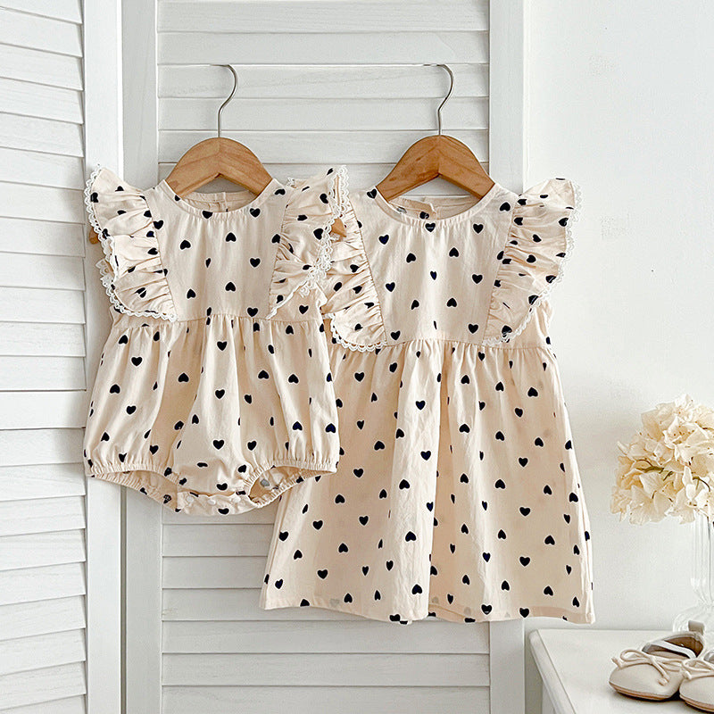 Arrival Summer Baby Kids Girls Heart Pattern Sleeveless Crew Neck Onesies And Girls’ Dress – Princess Sister Matching Set, MyKids-USA®, Baby & Toddler Outfits, MyKids-USA - - - - - - -