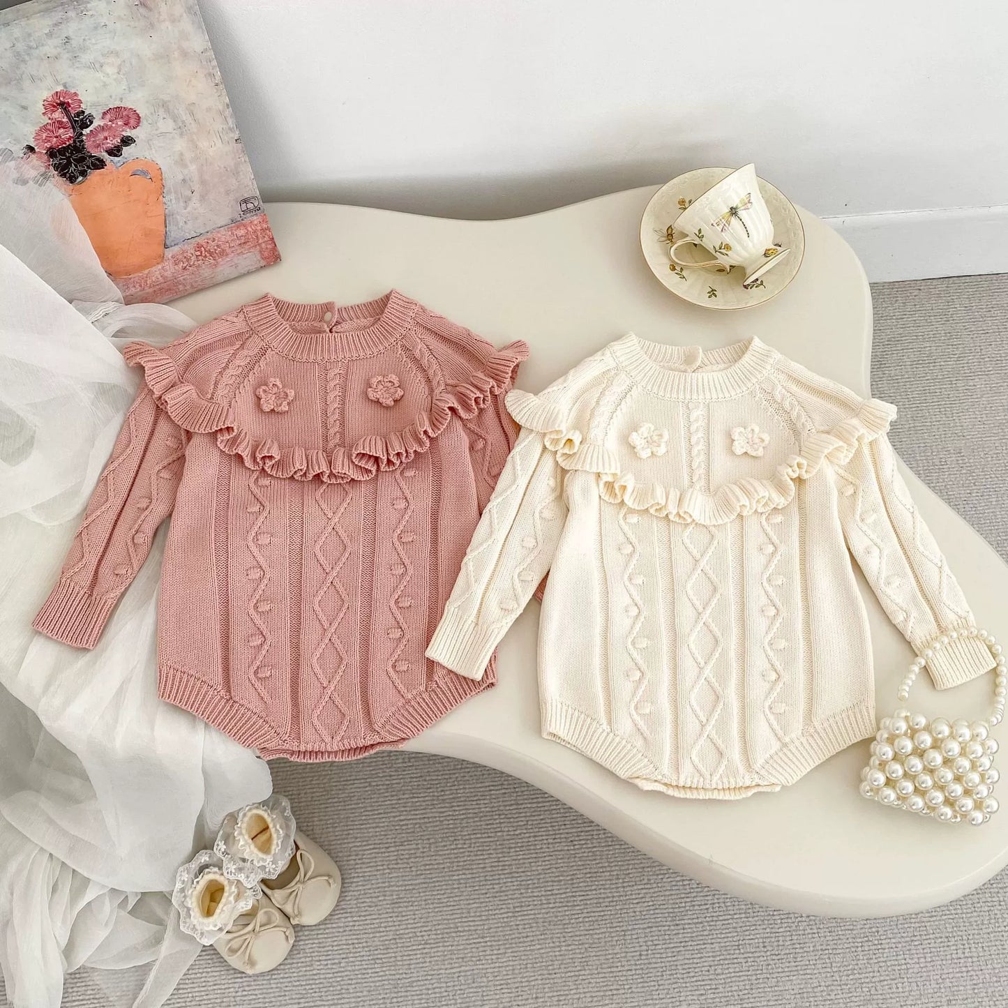 Autumn Arrival Baby Girls Knitted Long Sleeves Geometric Jacquard Pattern Onesies, MyKids-USA®, Baby One-Pieces, MyKids-USA - - - - - - -