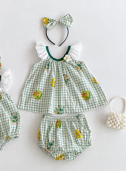 Summer Girls Plaid and Flowers Pattern Sleeveless Hollow Out Lace Strap Two-Piece Set, MyKids-USA®, Baby & Toddler Outfits, MyKids-USA - - - - - - -