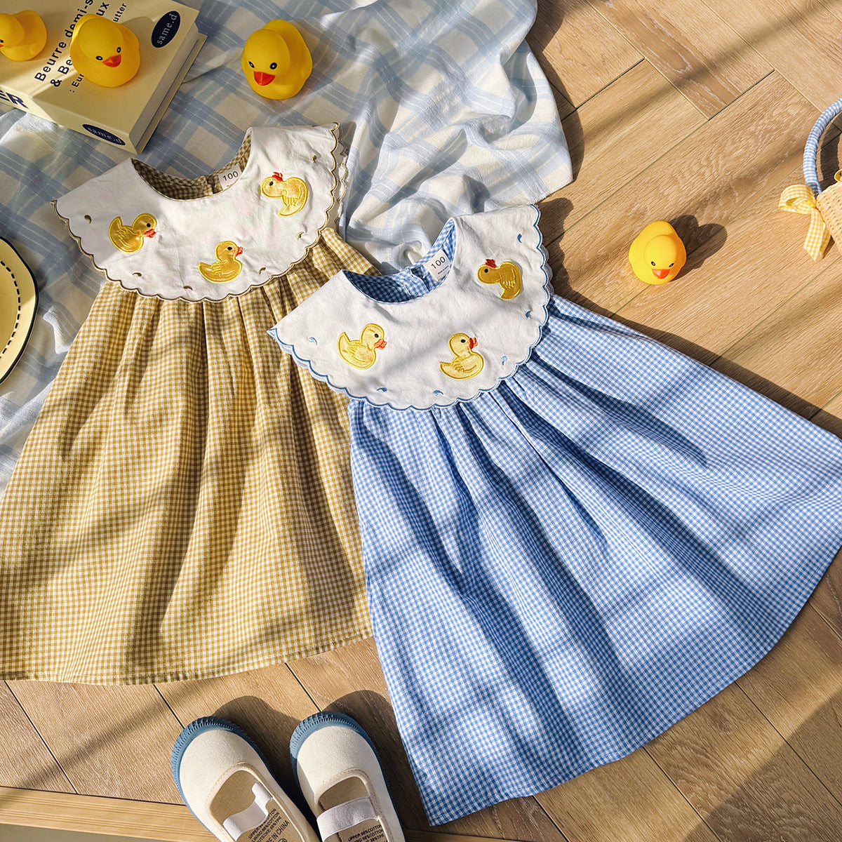 Summer Arrival Baby Kids Girls Sleeveless Ducks Pattern Embroidered Plaid Dress, MyKids-USA®, Baby & Toddler Dresses, MyKids-USA - - - - - - -