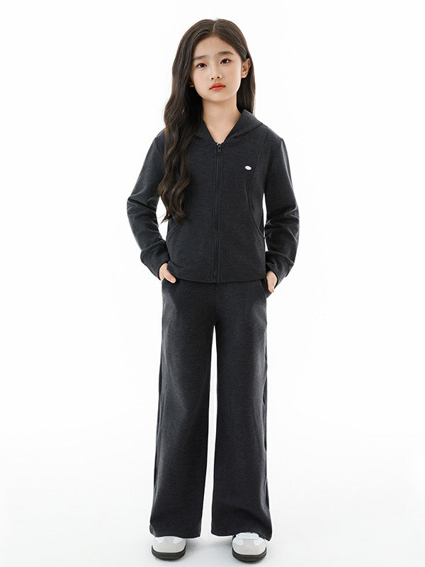 Arrival Autumn Kids Girls Long Sleeves Plain Zip-up Hoodie and Black Pants Clothing Set