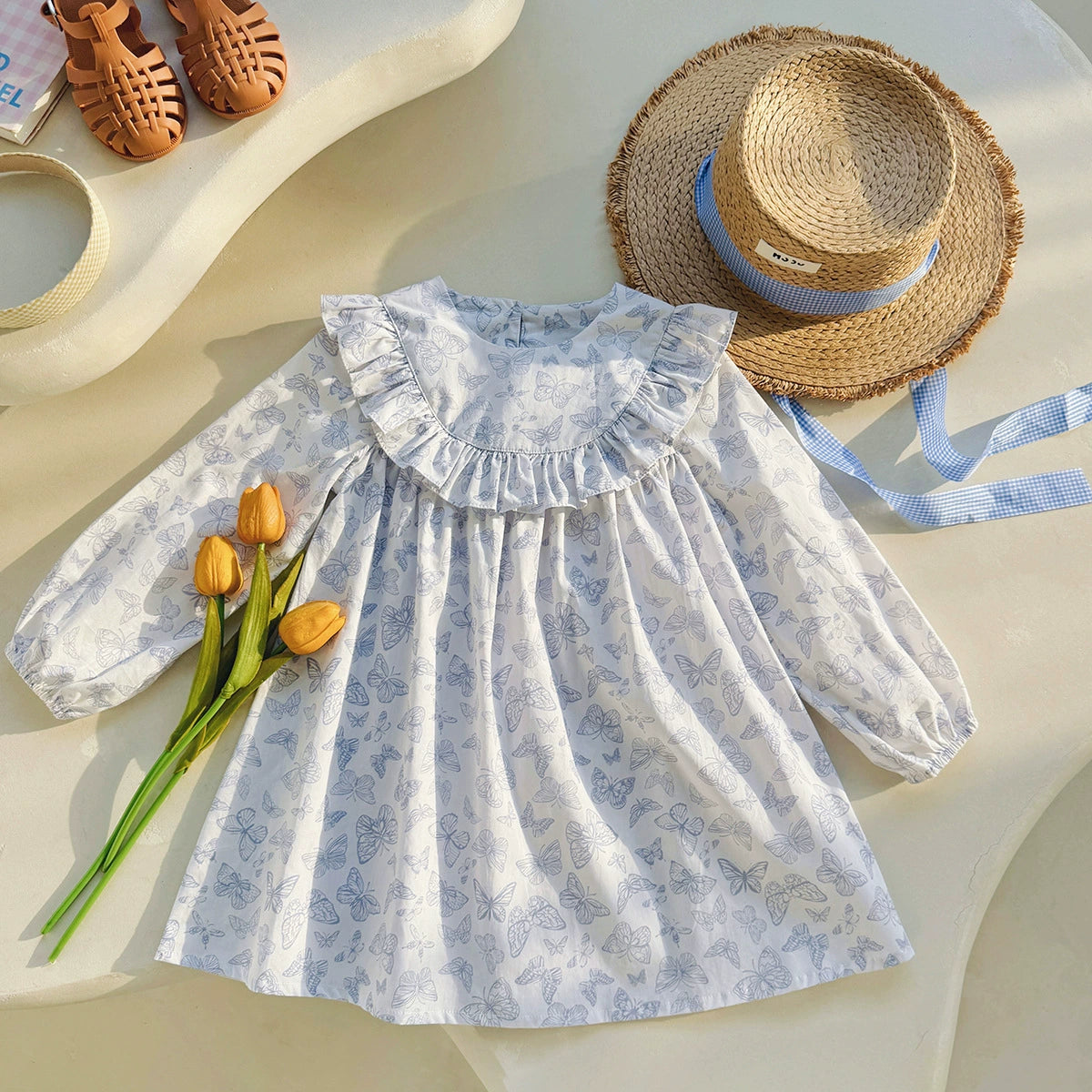long sleeve toddler dresses MyKids-USA® Girls Blue Butterfly Pattern Sleeves Dress viral summer dress 2025 Color:Edith this twirl dress is Stacees Blue White Floral
