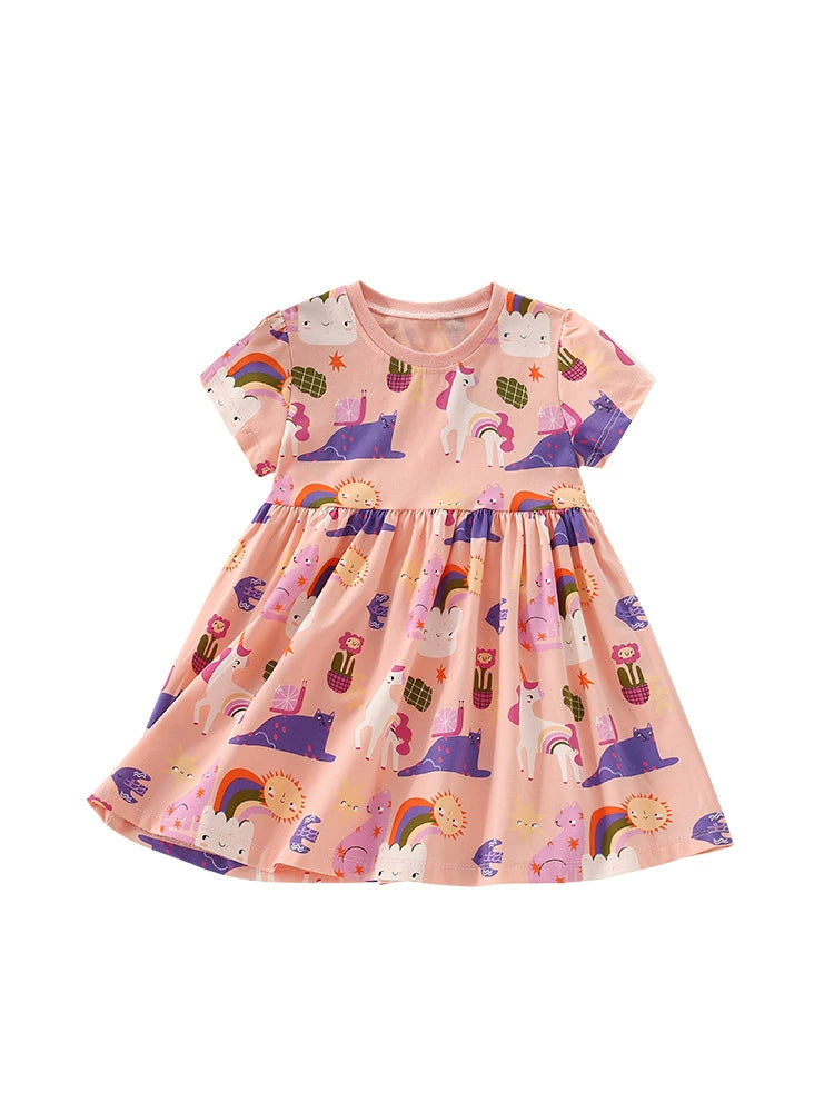Summer Arrival Cartoon Unicorns Pattern Short Sleeves Dress for Stylish Girls, MyKids-USA®, Baby & Toddler Dresses, MyKids-USA - - - - - - -