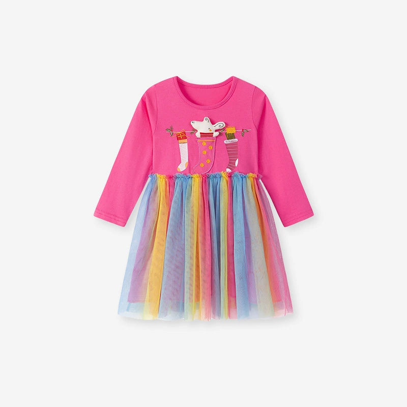 Autumn and Spring Arrival Cartoon Pattern Long Sleeves Dress with Colorful Tulle for Stylish Girls, MyKids-USA®, Baby & Toddler Dresses, MyKids-USA - - - - - - -