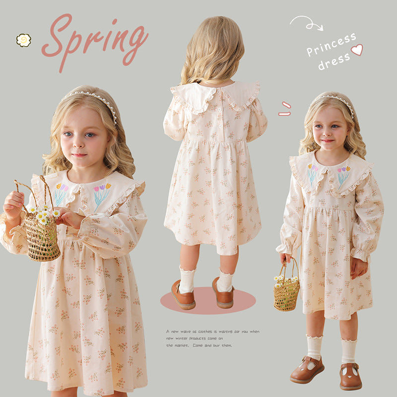 Spring and Autumn Flowers Pattern Long-sleeved Dress for Stylish Girls, MyKids-USA®, Baby & Toddler Dresses, MyKids-USA - - - - - - -