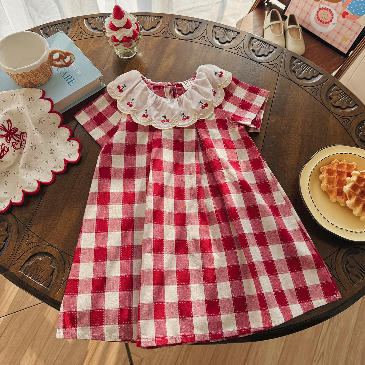 summer dresses with short sleeves Summer Arrival Baby Girls Short Sleeves Cherry and Plaid Pattern Dress – MyKids-USA®