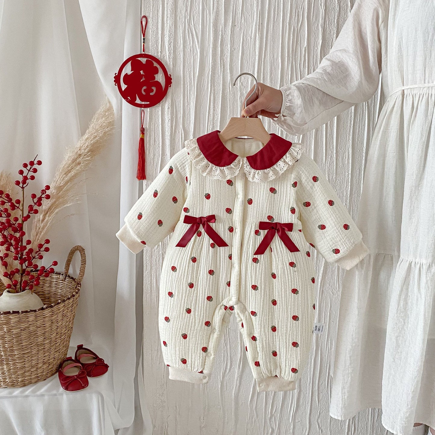 Winter Arrival Baby Girls Long Sleeves Strawberry Pattern Fleece-line Warm Rompers, MyKids-USA®, Baby One-Pieces, MyKids-USA - - - - - - -