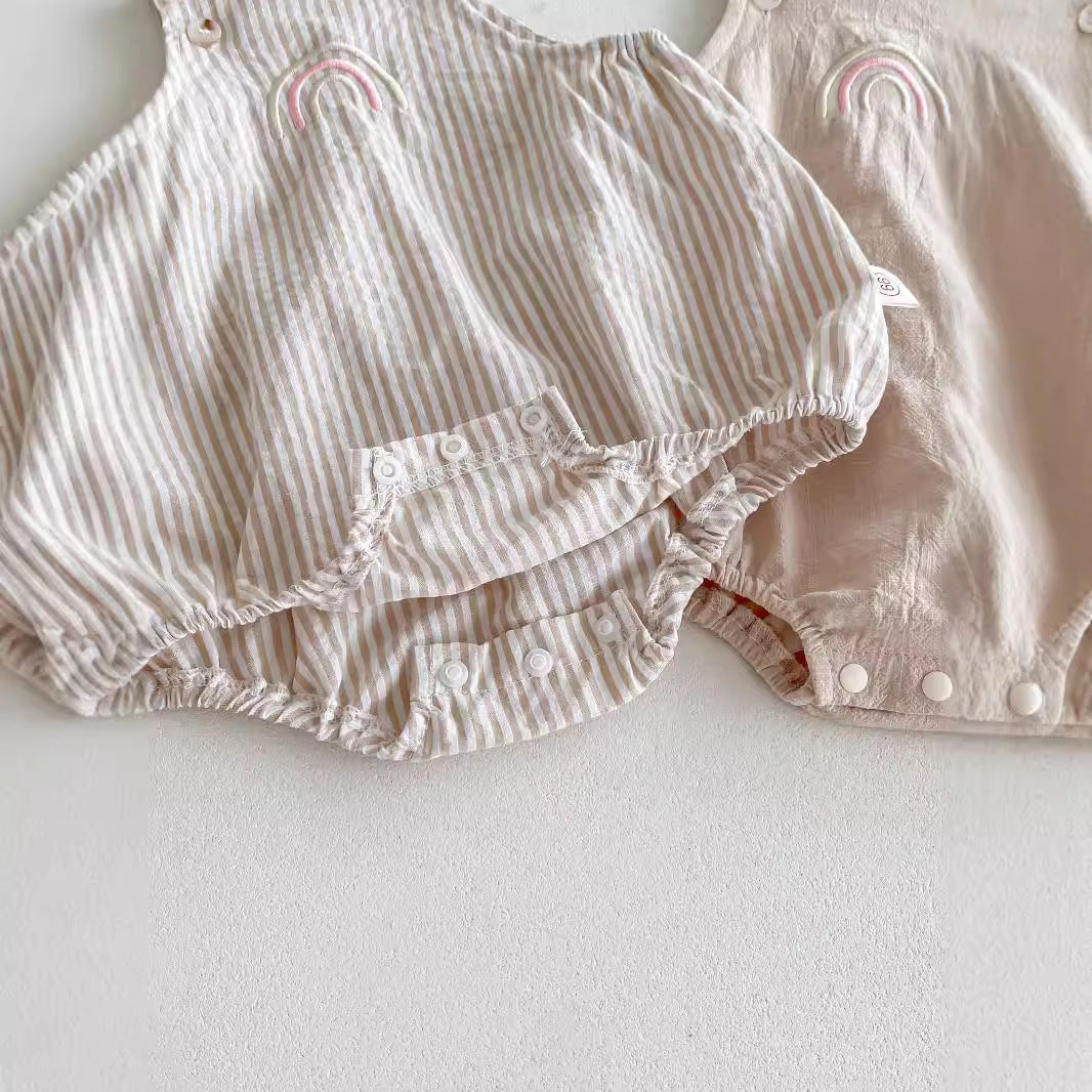 Summer Hot Selling Baby Kids Unisex Sleeveless Rainbow Embroidered Strap Overalls and Striped T-Shirt Clothing Set, MyKids-USA®, Baby & Toddler Outfits, MyKids-USA - - - - - - -