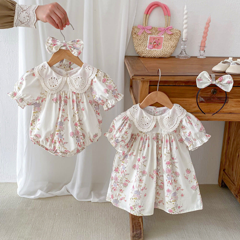 Summer Girls Flowers Pattern Short Sleeves Hollow Out Collar Onesies And Dress – Sister Matching Clothing Set, MyKids-USA®, Baby & Toddler Outfits, MyKids-USA - - - - - - -