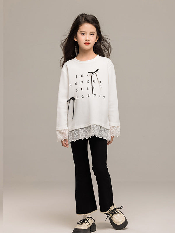 Arrival Autumn Kids Girls Long Sleeves Letters Pattern Top and Black Flared Pants Sets