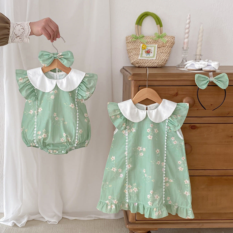 Design Summer Girls Flowers Pattern Fly Sleeves Peter Pan Collar Onesies And Dress – Sister Matching Clothing Set, MyKids-USA®, Baby & Toddler Dresses, MyKids-USA - - - - - - -