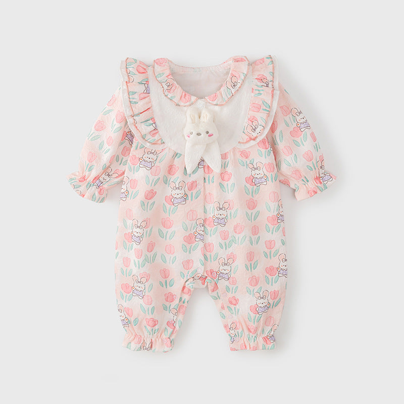 Autumn Arrival Baby Girls Flowers and Rabbits Pattern Single Breasted Romper with Cute Collar, MyKids-USA®, Baby One-Pieces, MyKids-USA - - - - - - -