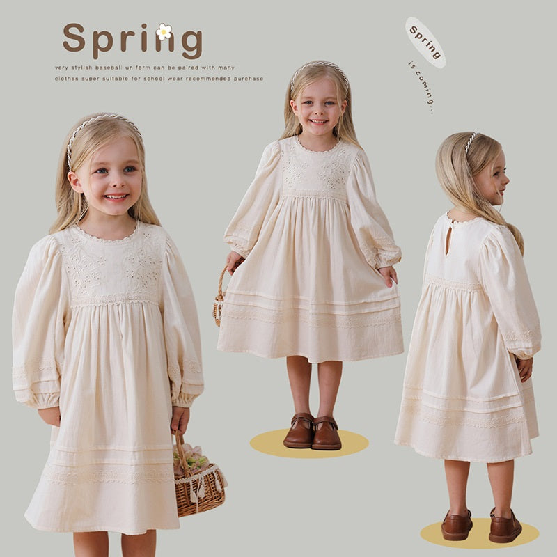 Spring and Autumn Solid Color Floral Pattern Long-sleeved Dress for Stylish Girls, MyKids-USA®, Baby & Toddler Dresses, MyKids-USA - - - - - - -