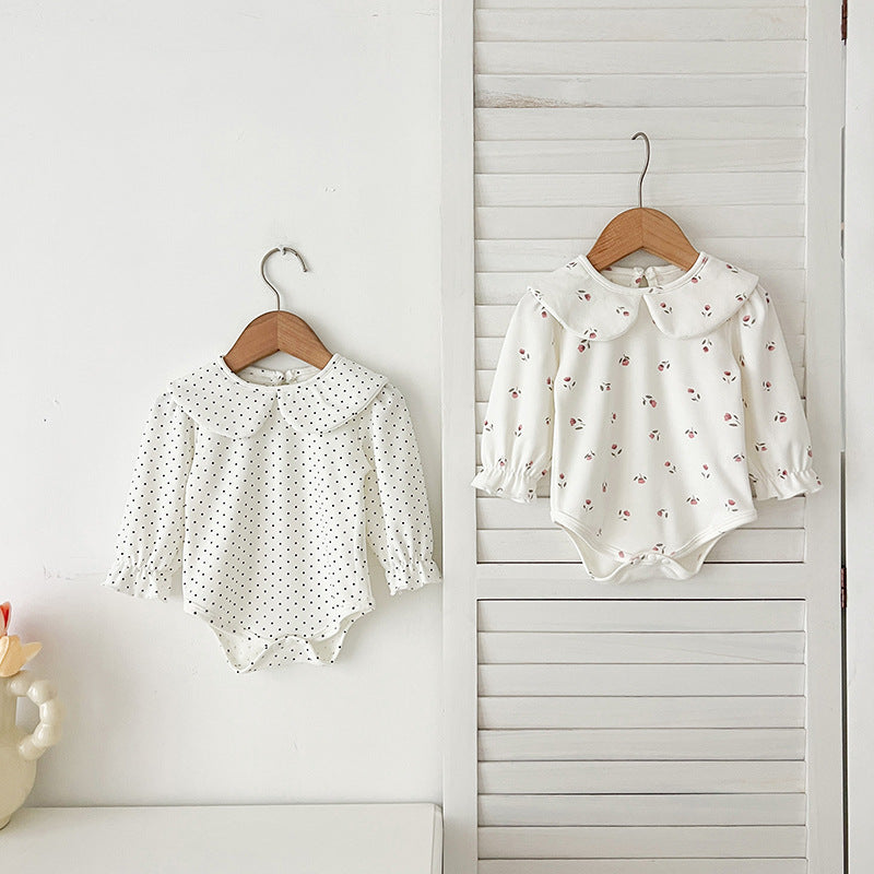 SpringArrival Baby Girls Long Sleeves Dots/Floral Pattern Peter Pan Collar White Onesies, MyKids-USA®, Baby One-Pieces, MyKids-USA - - - - - - -