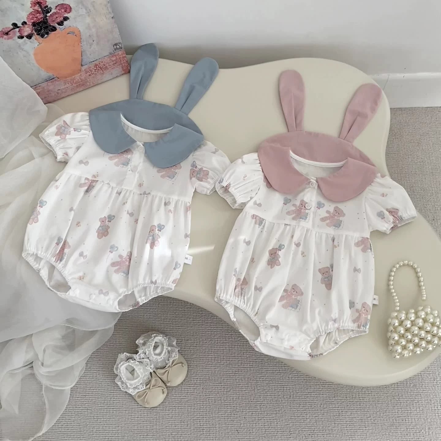 Summer Arrival Baby Girls Short Sleeves Thin Teddy Pattern Onesies, MyKids-USA®, Baby One-Pieces, MyKids-USA - - - - - - -