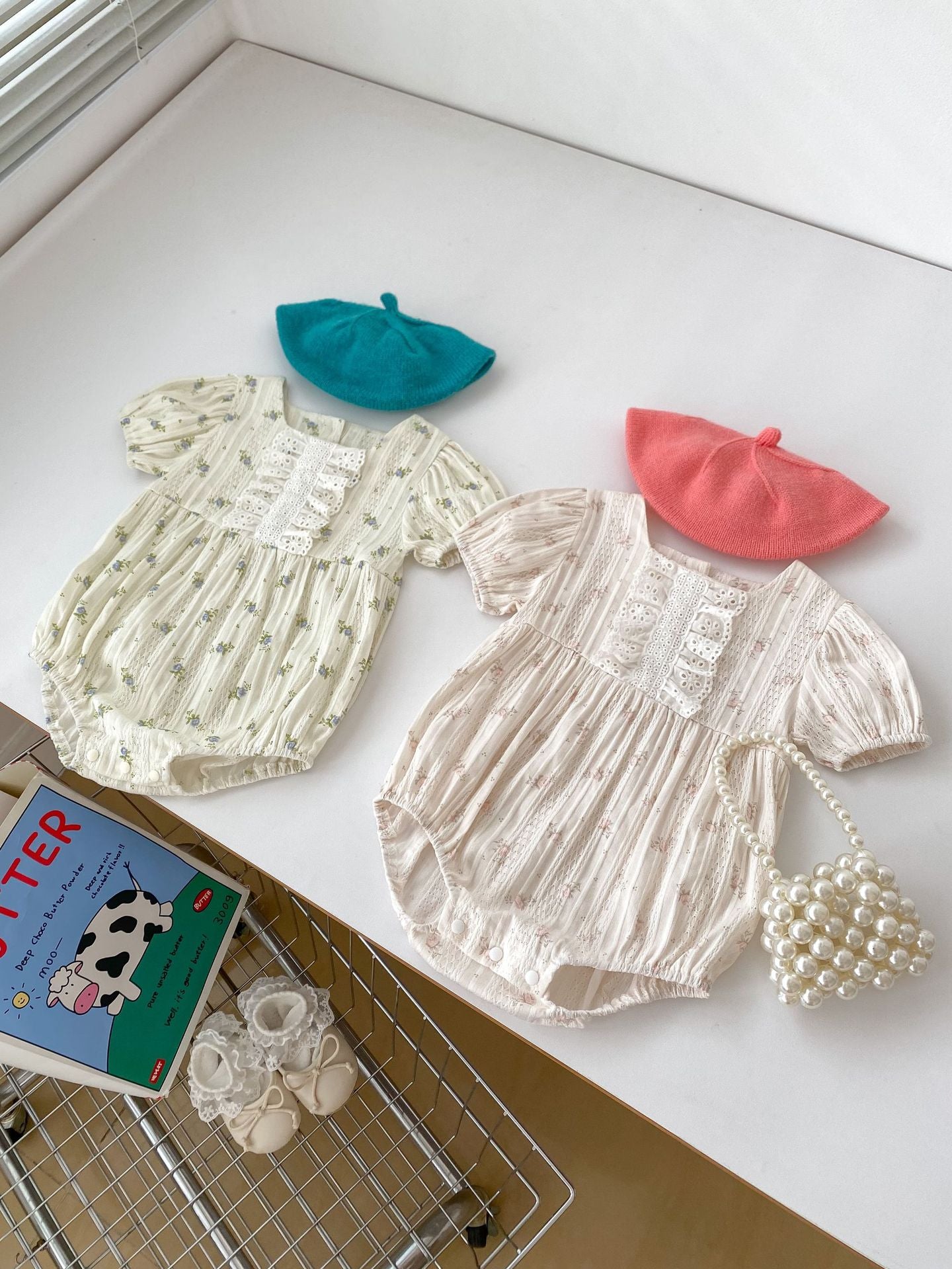 Summer Girls Floral Print Pleat Design Short Sleeves Onesies, MyKids-USA®, Baby One-Pieces, MyKids-USA - - - - - - -