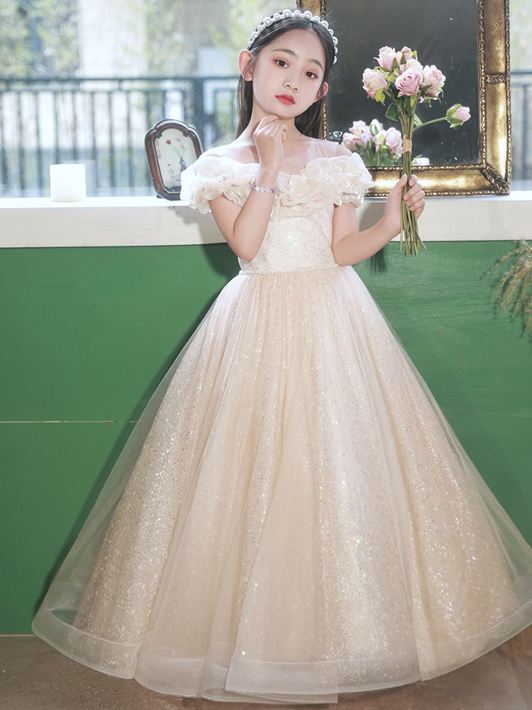 Champagne Tulle Hostess One-Shoulder Evening Gown For Girls: Perfect Attire For Piano Performances, MyKids-USA®, Baby & Toddler Dresses, MyKids-USA - - - - - - -