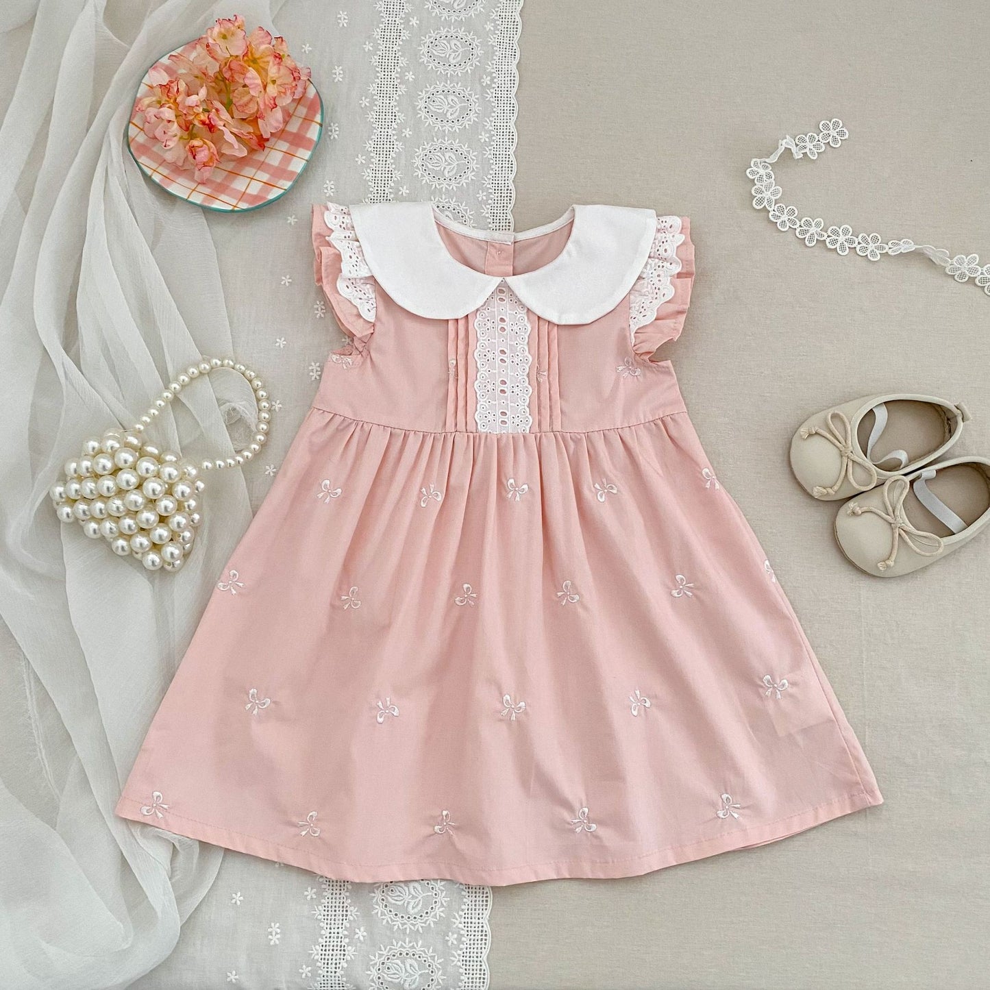Summer Girls Simple Embroidered Pattern Peter Pan Collar Onesies and Dress – Princess Sister Matching Set, MyKids-USA®, Baby & Toddler Outfits, MyKids-USA - Size/Age - 66 (3-6M) - Color - Pink - - - TR26034212221-F.