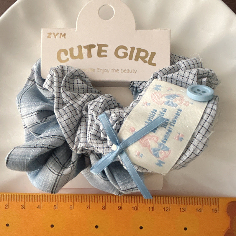 Cute Spring Ponytail Hair Tie — Blue & Pink Plaid Scrunchie with Polka Dot Bow, MyKids-USA®, Ponytail Holders, MyKids-USA - - - - - - - .