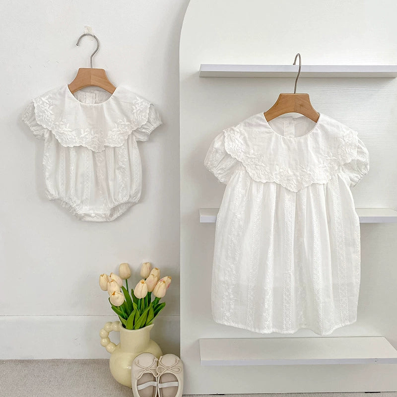 Summer Girls Solid Color Simple Floral Embroidery Big Collar Onesies and Dress – Princess Sister Matching Set, MyKids-USA®, Baby & Toddler Outfits, MyKids-USA - - - - - - -