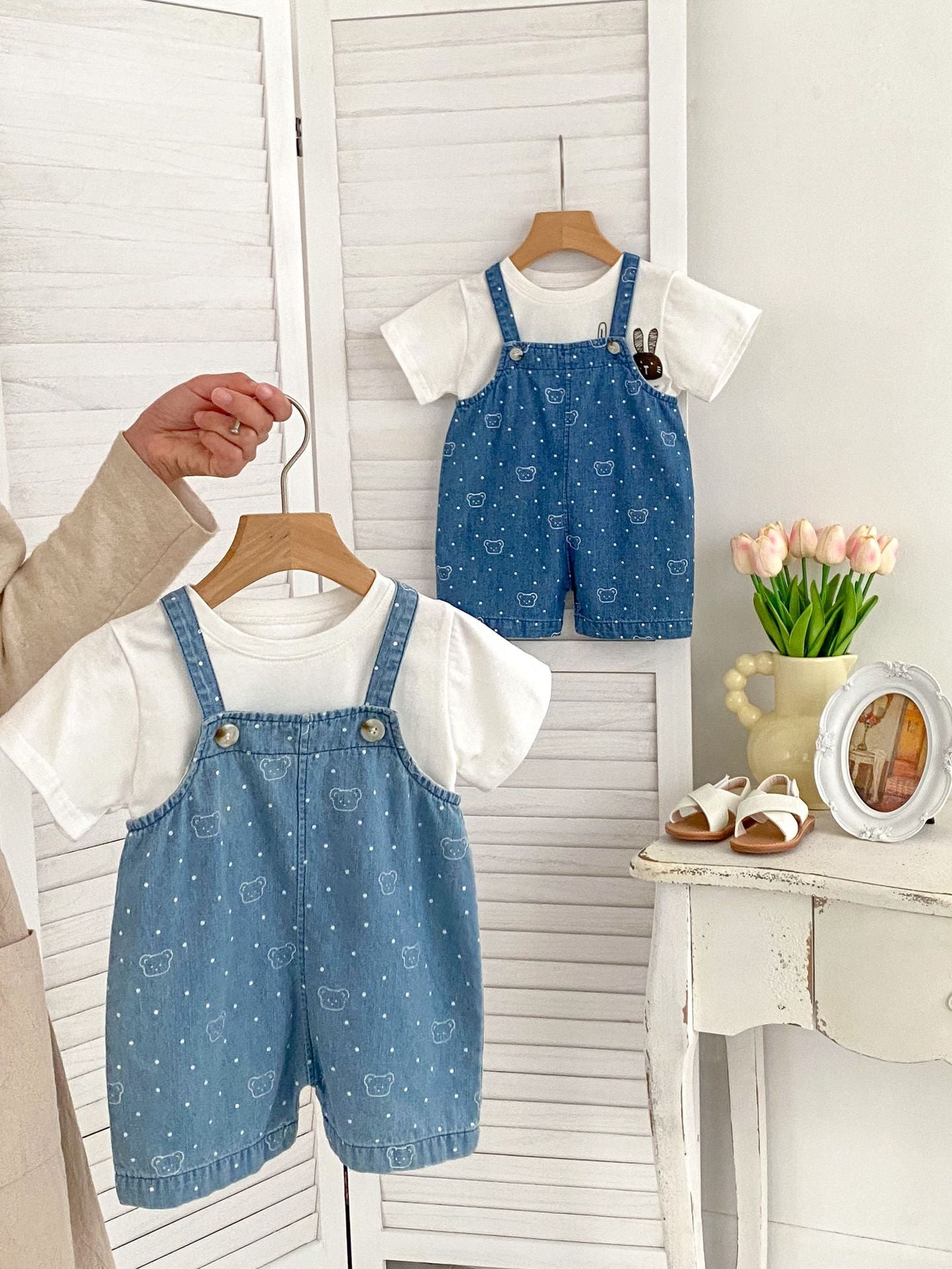 Summer Baby Kids Unisex Teddy Print White Dots Denim Overalls, MyKids-USA®, Baby One-Pieces, MyKids-USA - - - - - - -