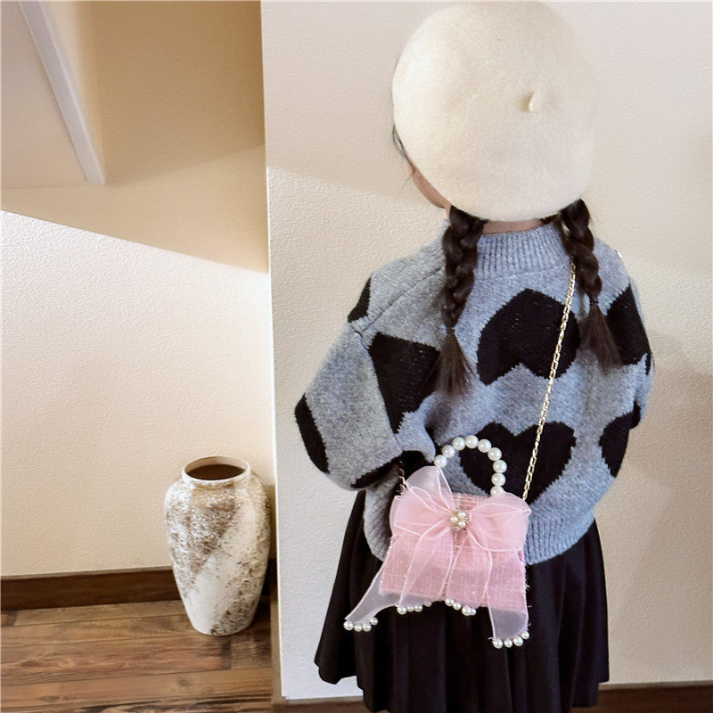 Fashionable Plaid Carry-On Girls’ Portable Mesh Bow Beaded Crossbody Handbag, MyKids-USA®, Handbags, MyKids-USA - - - - - - -