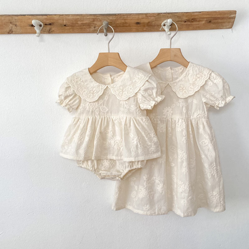 Summer Girls Solid Color Flowers Embroidery Short Sleeves Onesies and Girls’ Dress – Princess Sister Matching Set, MyKids-USA®, Baby & Toddler Dresses, MyKids-USA - - - - - - -