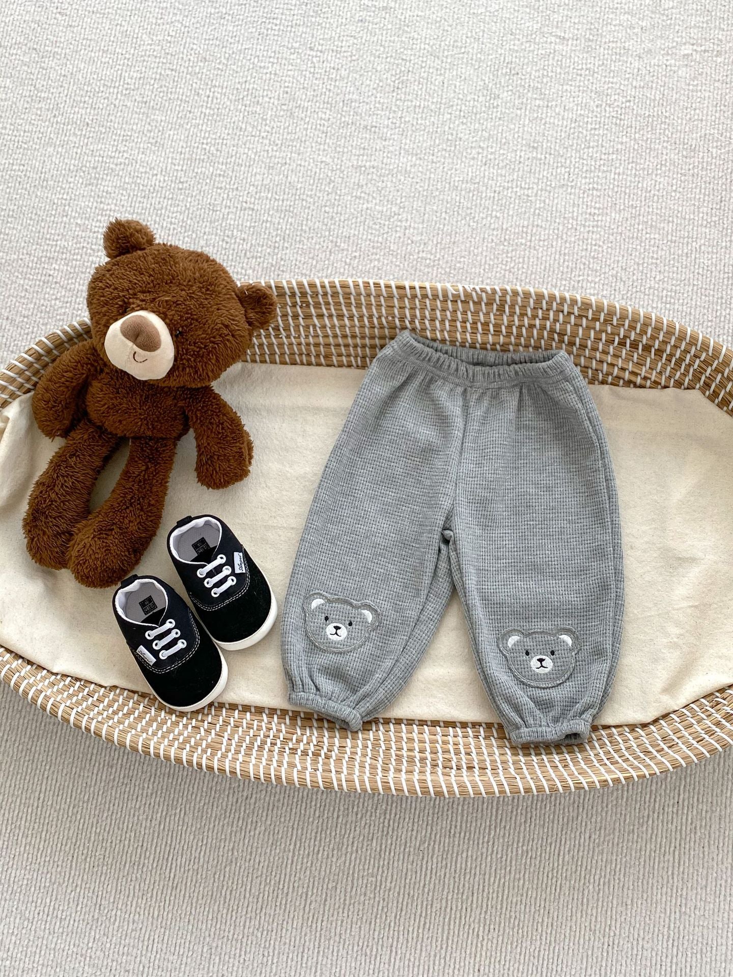 Spring Adorable Baby Kids Unisex Teddy Bear Knitted Waffle Grid Thin Pants, MyKids-USA®, Baby & Toddler Bottoms, MyKids-USA - Size/Age - 66 (3-6M) - Color - Grey - - - TR2401042150-B