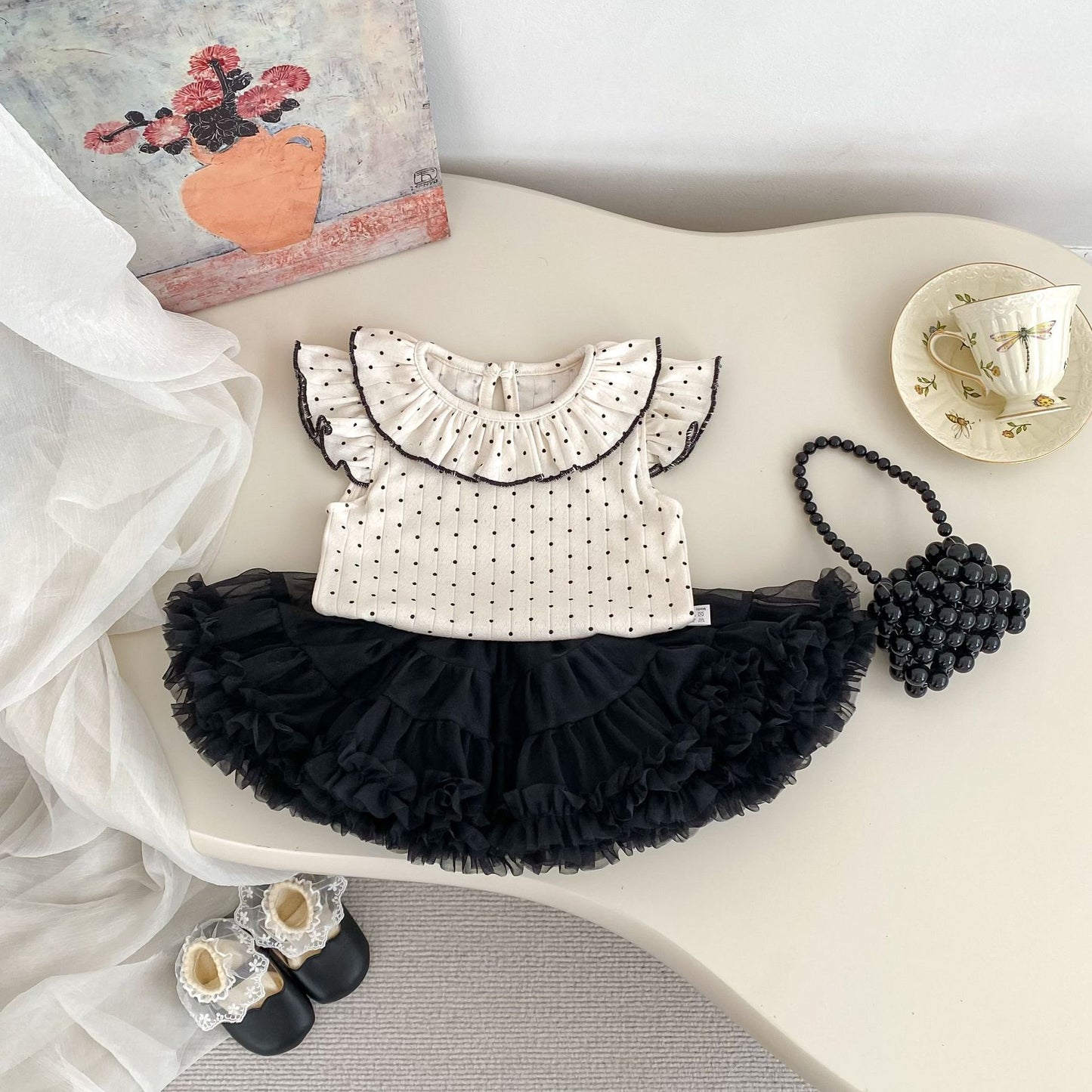 Summer Baby Kids Dots Pattern Fly Sleeves Top Vest with Black Skirt Clothing Set for Girls, MyKids-USA®, Baby & Toddler Outfits, MyKids-USA - - - - - - -