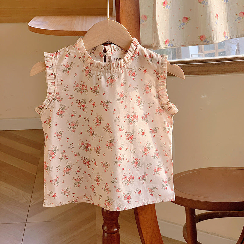 Summer New Design Kids Girls Ruffle Crew Neck Sleeveless Thin Floral Pattern Top Vest, MyKids-USA®, Baby & Toddler Tops, MyKids-USA - Size/Age - 90 (12-24M) - Color - Pink - - - TR2404232056-B