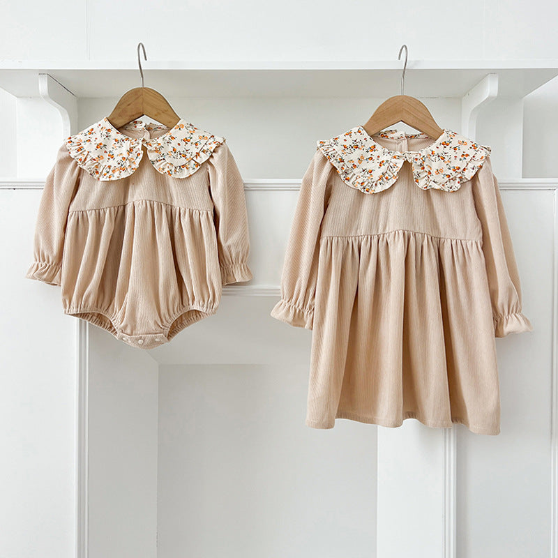 Spring Baby Girls French-style Floral Collar Long-sleeved Onesies and Dress – Princess Sister Matching Set, MyKids-USA®, Baby & Toddler Outfits, MyKids-USA - - - - - - -